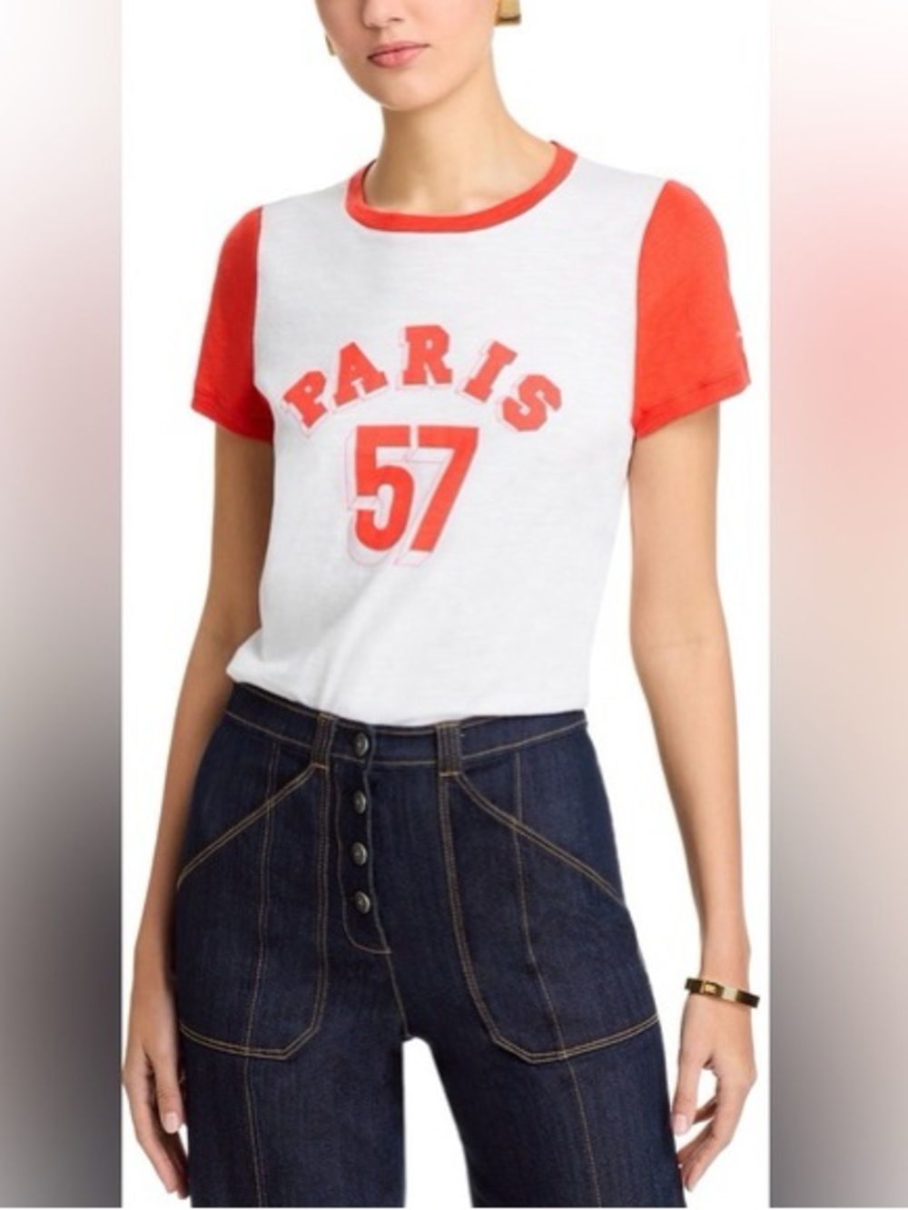Cinq a Sept White Red Paris 57 Tee White/Cherry Tomato Womens Sz M 100% Cotton